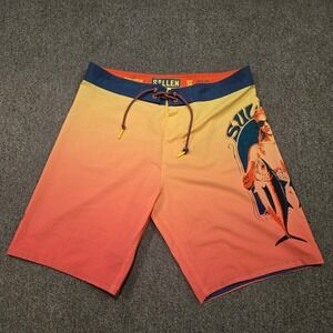 Sullen Art Board Shorts Mens Size 34 Orange Topless Girl Graphic Fishing Tattoo
